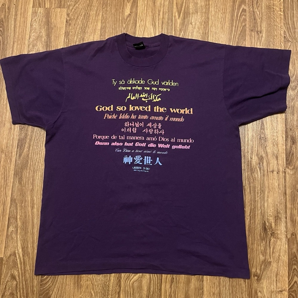 Vintage 90s Christian Shirt Women‎ XL Purple Screen Stars Best Church John 3:16